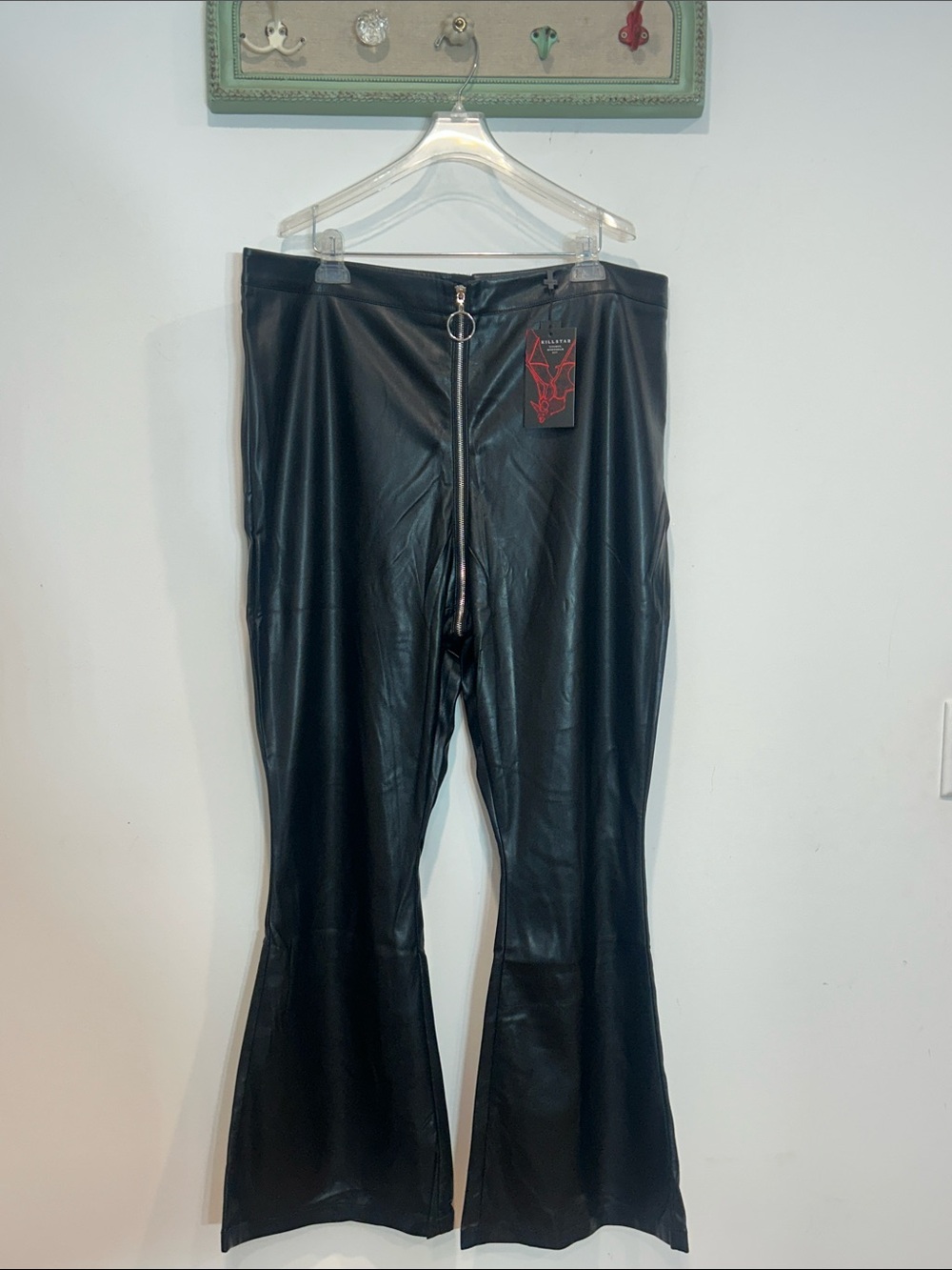 Killstar Black Faux Leather Kick Flare Pants with Front Ring Zip o ring plus 4X